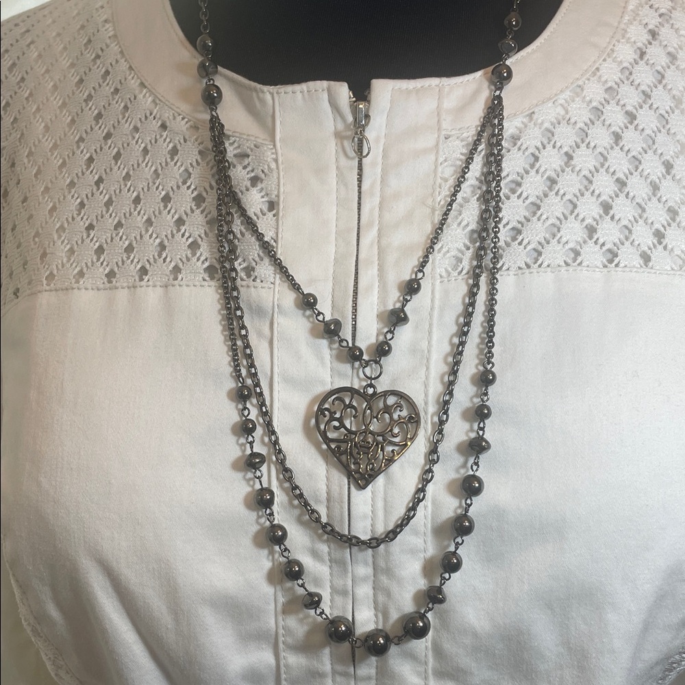 Black Gunmetal 15” lattice Heart Pendant 3 tier Layered Necklace with beads